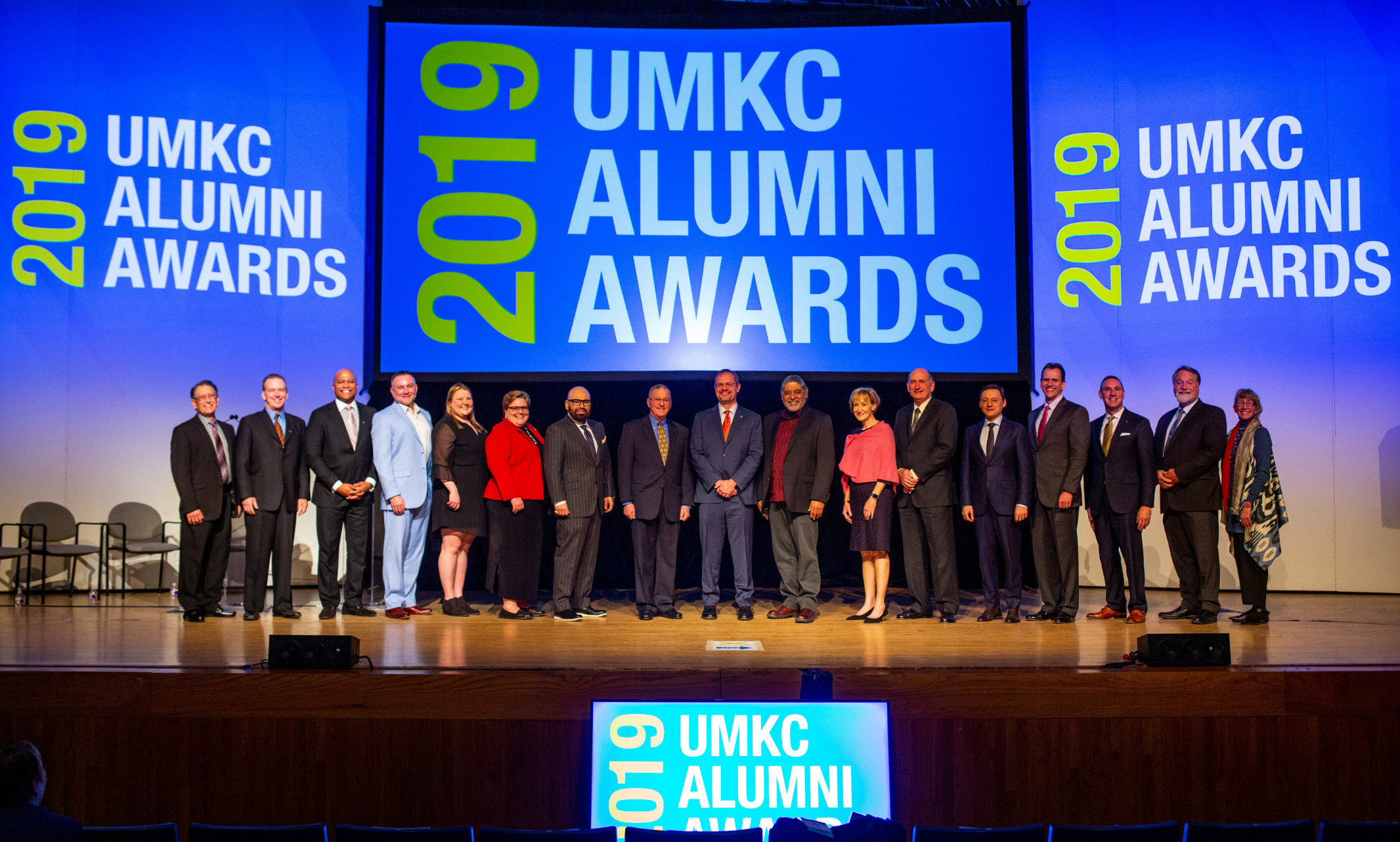 The 2019 UMKC Alumni Award winners pose for a group photo at the March 15 celebration event.