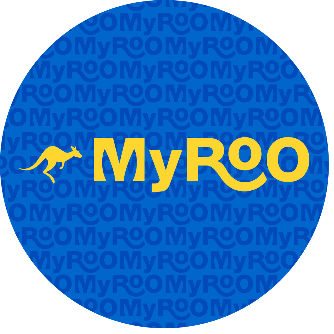 Myron logo in gold with a little gold kangaroo beside it