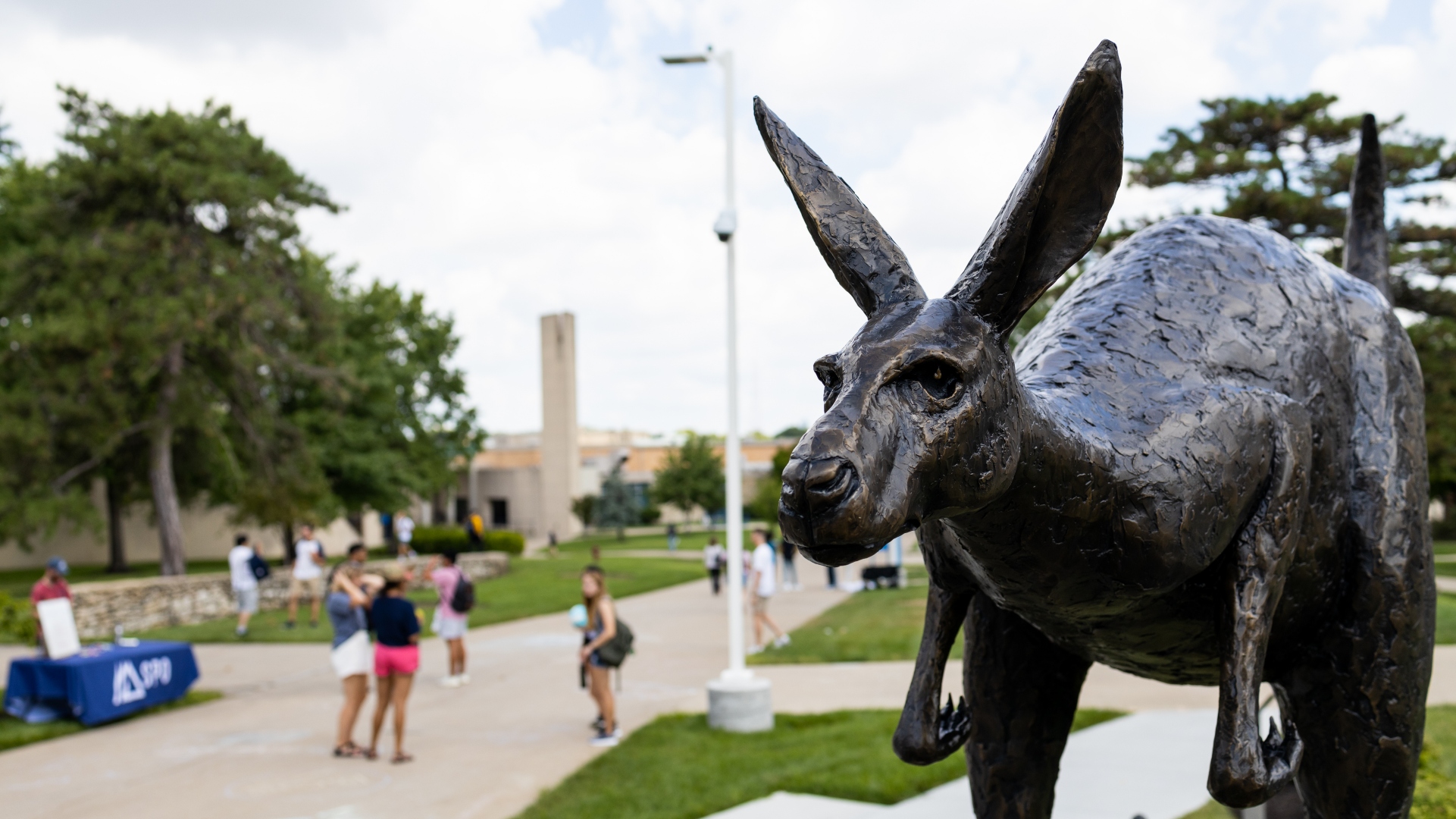 Closeup of bronze roo statue on campus.