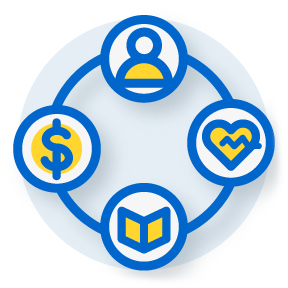illustration of four items including a figure, an open book, a heart and a dollar sign,  in circles connected by lines