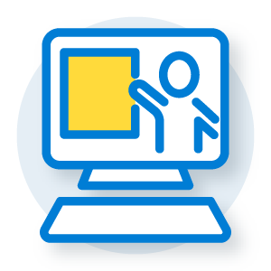 illustration of a computer with a figure pointing to a whiteboard on the monitor