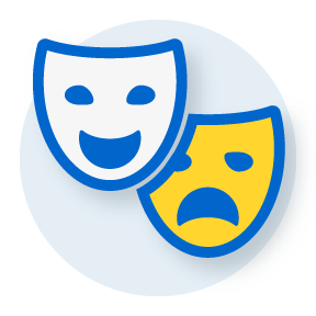 An icon of theater masks: one smiling, one frowning.