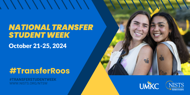 National Transfer Student Week Save the Date featuring two female students with UMKC Roo tattoos on their upper arms.