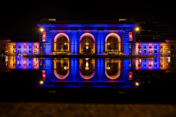 Union Station with blue and gold lights to commemorate Blue and Gold Week