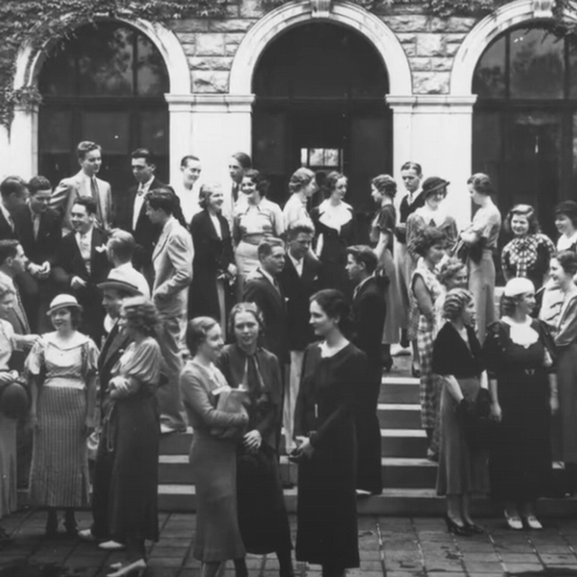 Black and white photo of students in the first class at UKC standing on the steps of Dickey Mansion, which is now known as Scofield Hall