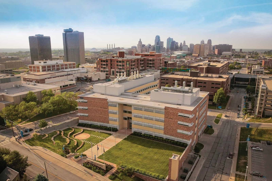 An aerial view of UMKC's Health Sciences Campus, which includes the Schools of Medicine, Pharmacy, Dentistry, and Nursing and Health Studies.