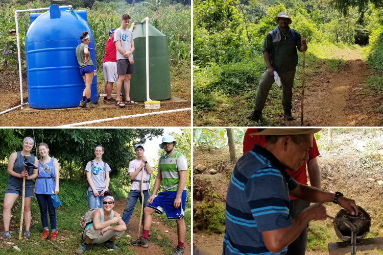 Clockwise from top right: George White in Panama, villager in Panama at water spout, group photo in Panama of SCE students who went on the trip, students working on water tanks in Panama 