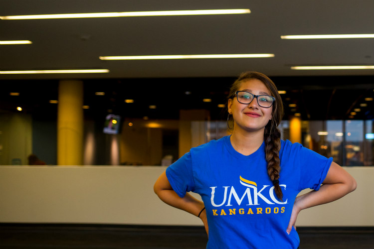 UMKC student Daphne Posadas wears a blue UMKC T-shirt