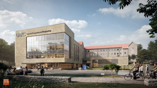 rendering of the new building and the School of Computing and Engineering