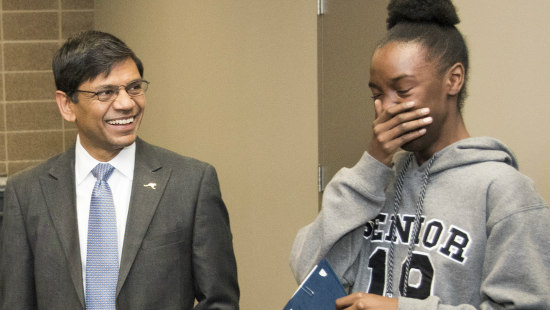 Chancellor Mauli Agrawal surprises a student with a $50,000 scholarship to UMKC