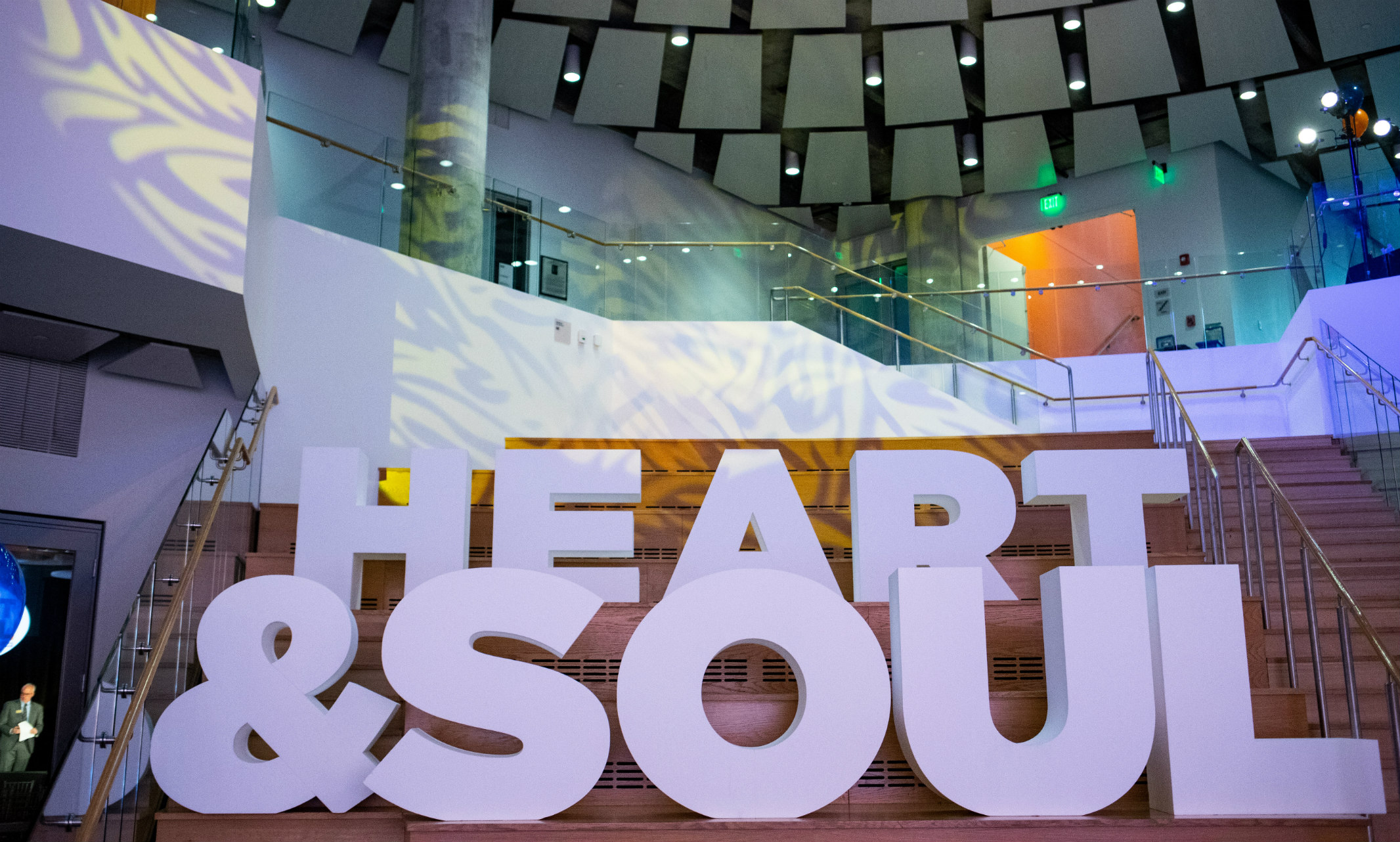 photo of heart and soul spelled in large letters on Bloch Executive Hall stairs