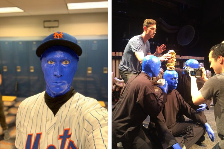 Two photos of Matt Ramsey, one in costume before he threw t-shirts out at a Mets game and another where he is helping other Blue Men during a photo shoot.
