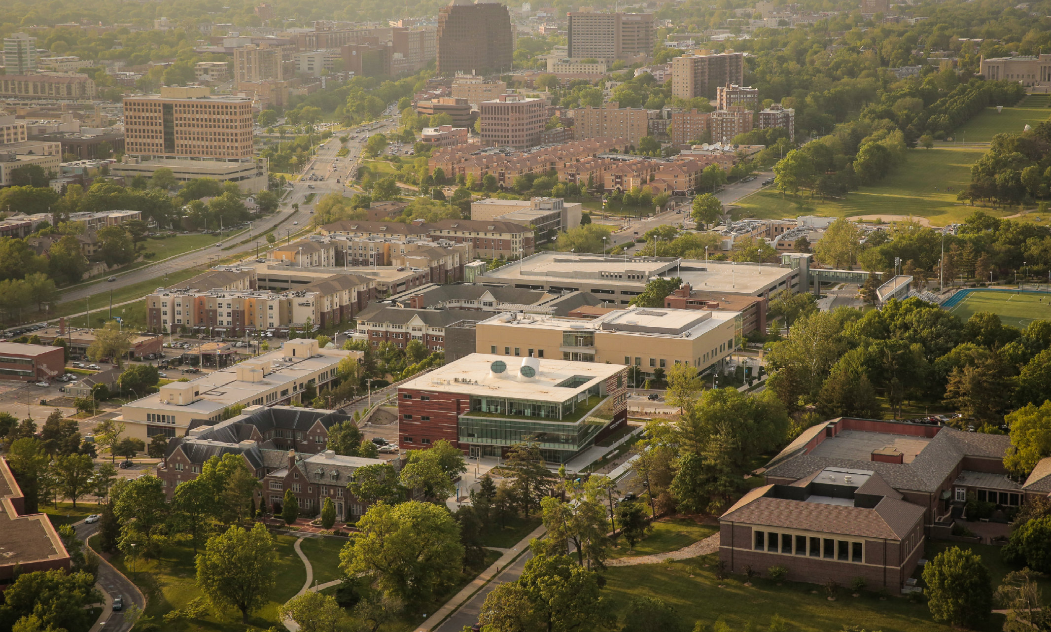 An aerial view of the UMKC campus and Kansas City