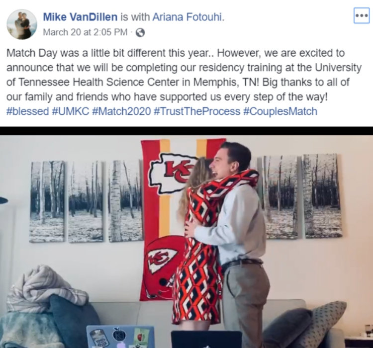 Facebook post from Mike VanDillen describing his and Ariana Fotouhi's both matching at University of Tennessee Health Science Center in Memphis; the couple in the photo, the couple is hugging after reading the news on their laptops
