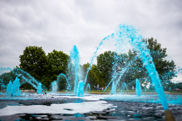 A Kansas City fountain dyed blue