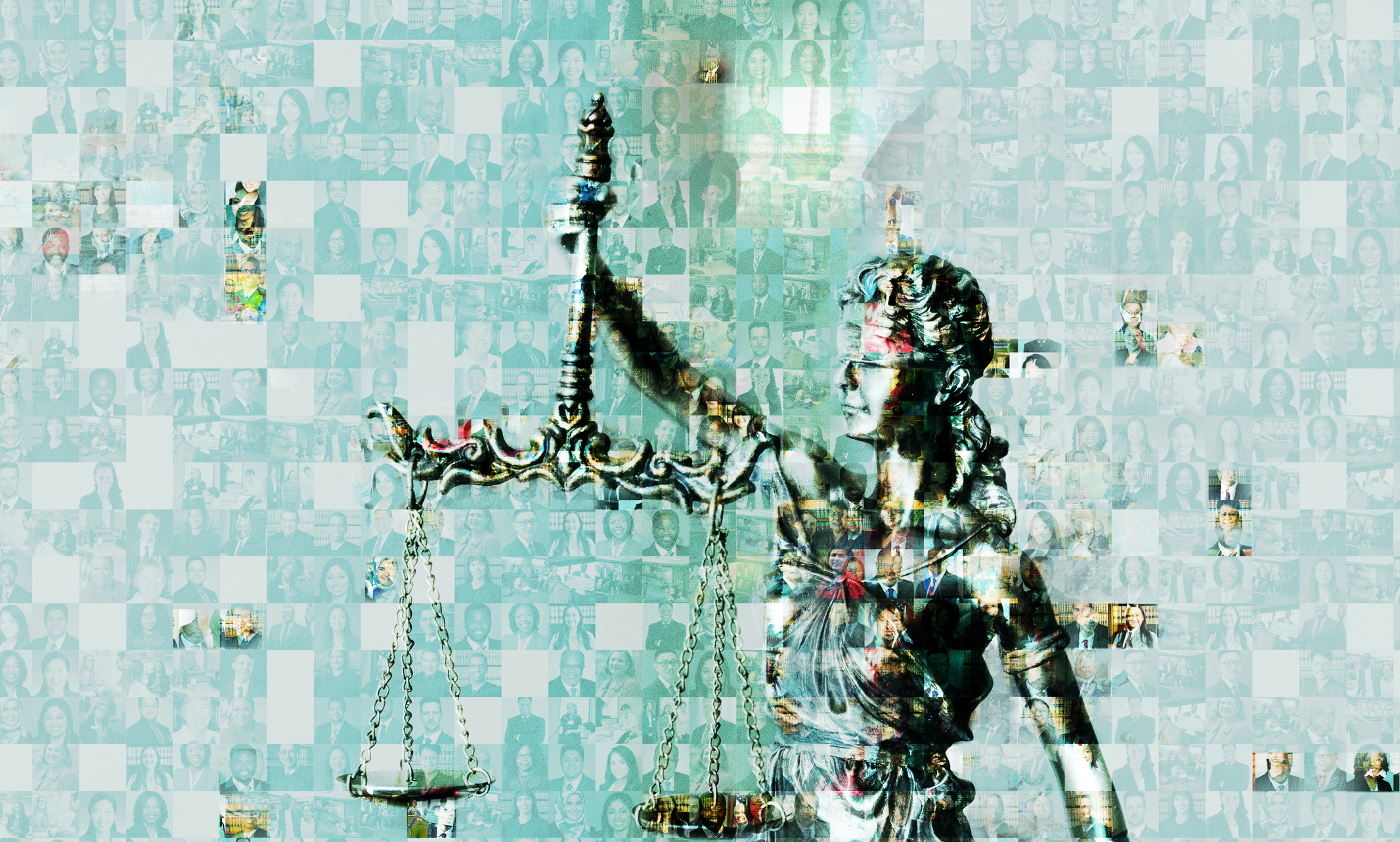 collage of photos make up Lady Justice image