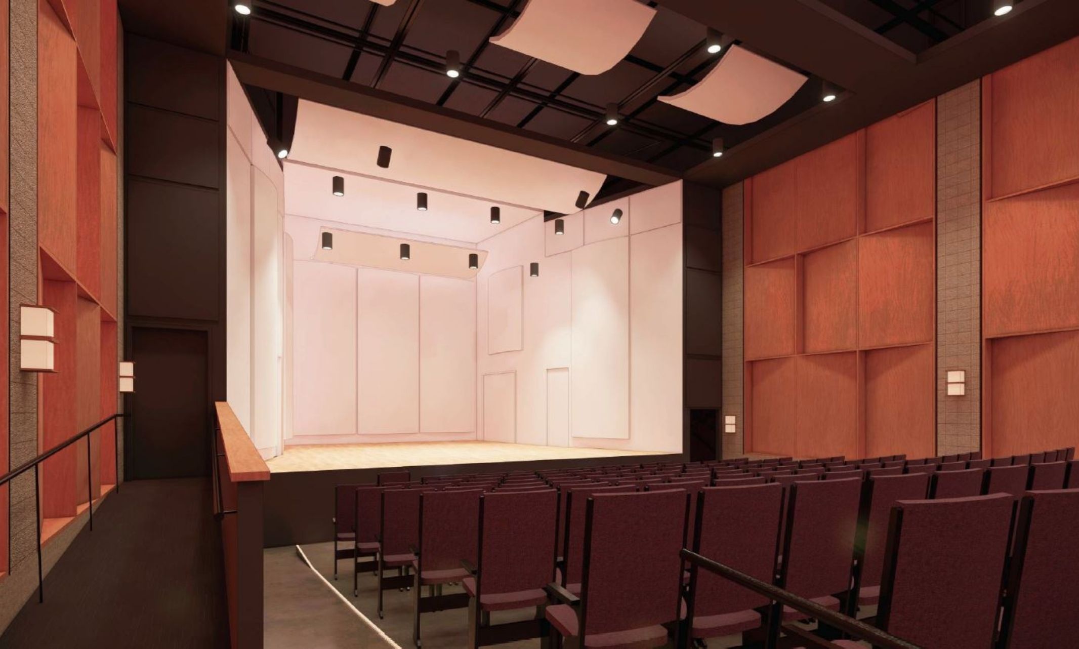 Rendering of new Grant Hall recital hall space - shows stage with empty recital hall seats
