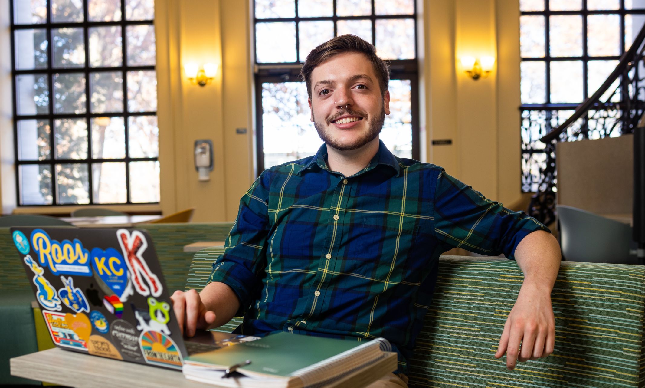 Hunter Miesner sits in Scofield Hall