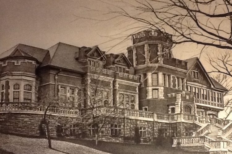 Epperson House, a large Gothic-style mansion, in a sepia photograph from 1922